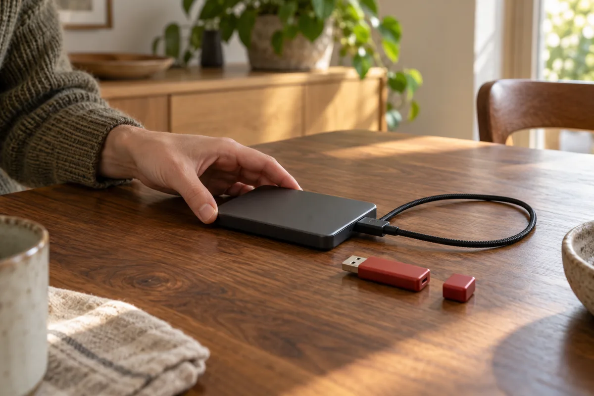 Disque dur externe gris et clé USB rouge sur une table en noyer