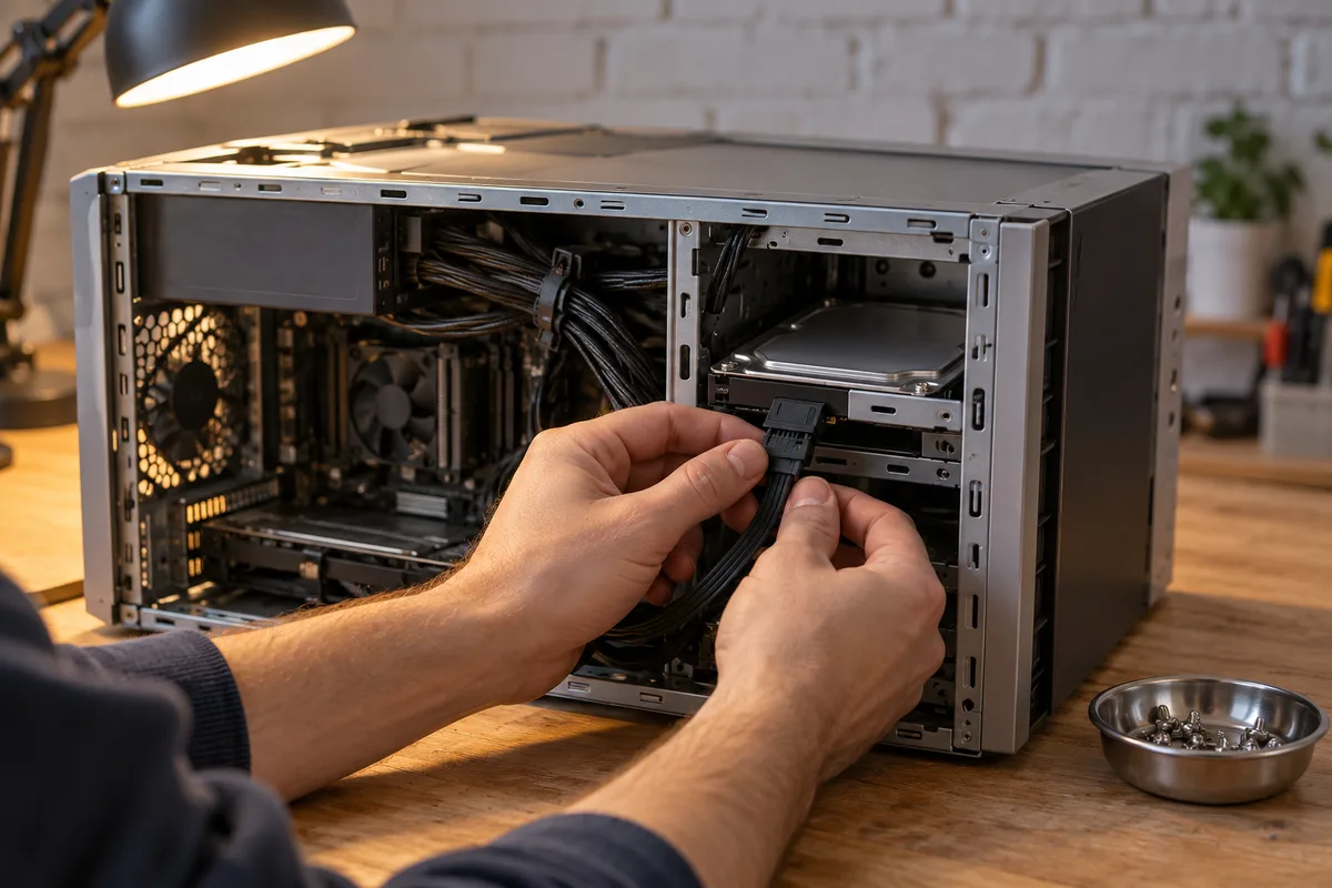 Mains débranchant un disque secondaire dans une tour de bureau ouverte