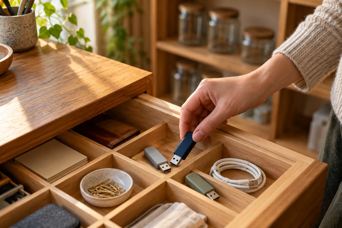 Main rangeant une clé USB bleue dans un tiroir à compartiments