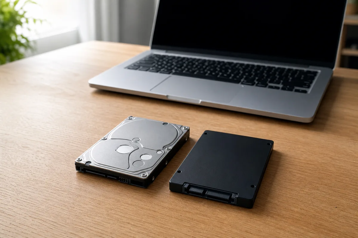 Un disque dur mécanique 2,5 pouces et un SSD posés côte à côte, reliés à un ordinateur portable par un boîtier USB
