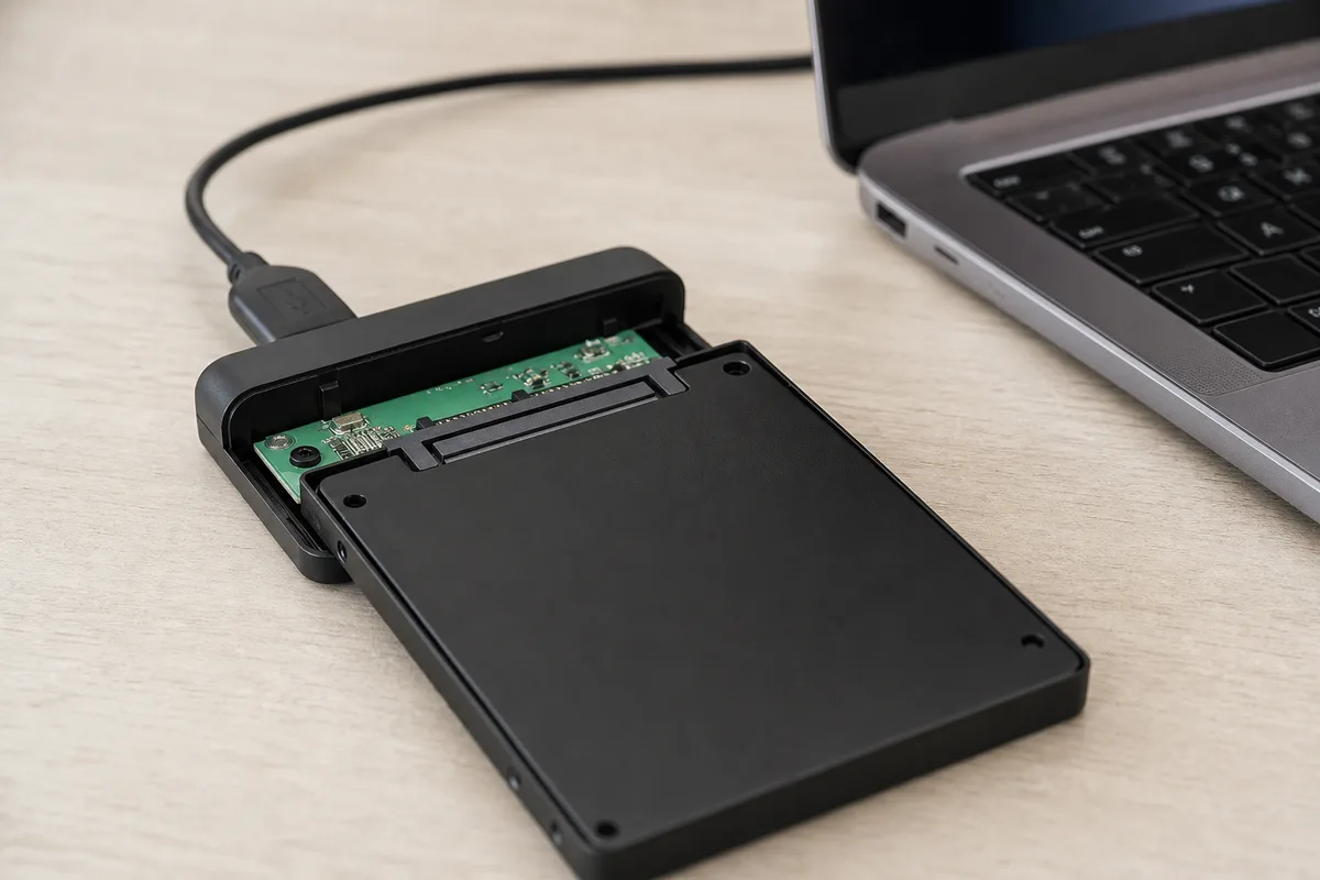 Boîtier adaptateur USB reliant un SSD à un ordinateur portable pour préparer le clonage du disque