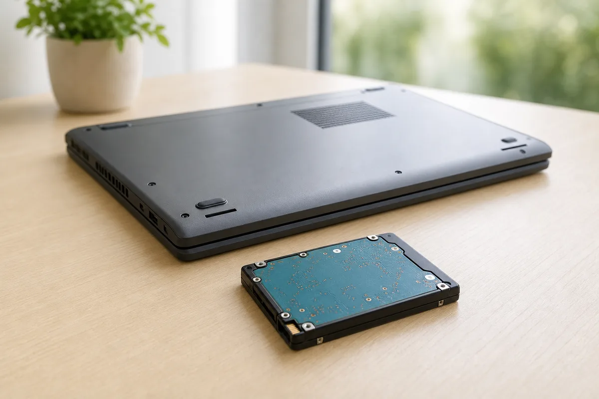 Ancien disque dur mécanique posé sur un bureau à côté d&rsquo;un ordinateur portable désormais équipé de son SSD