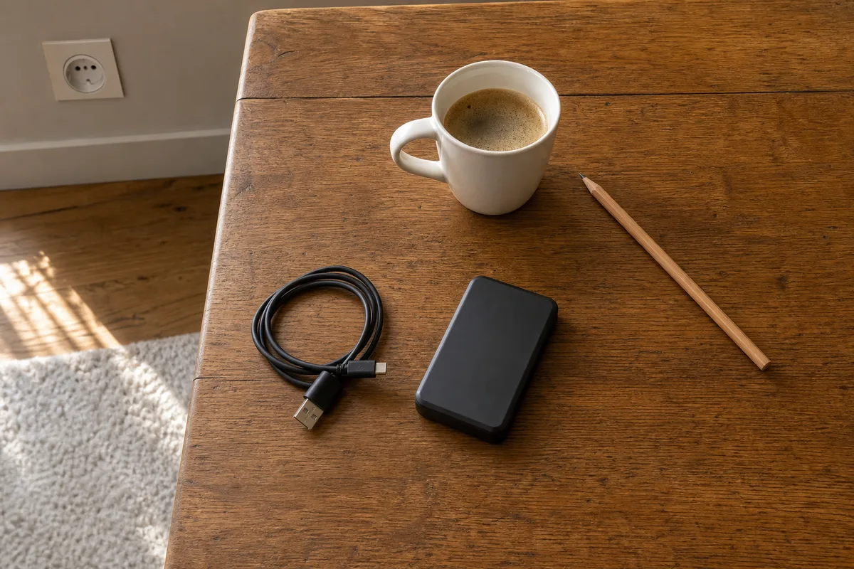 Câble USB et boîtier de disque dur externe posés sur une table