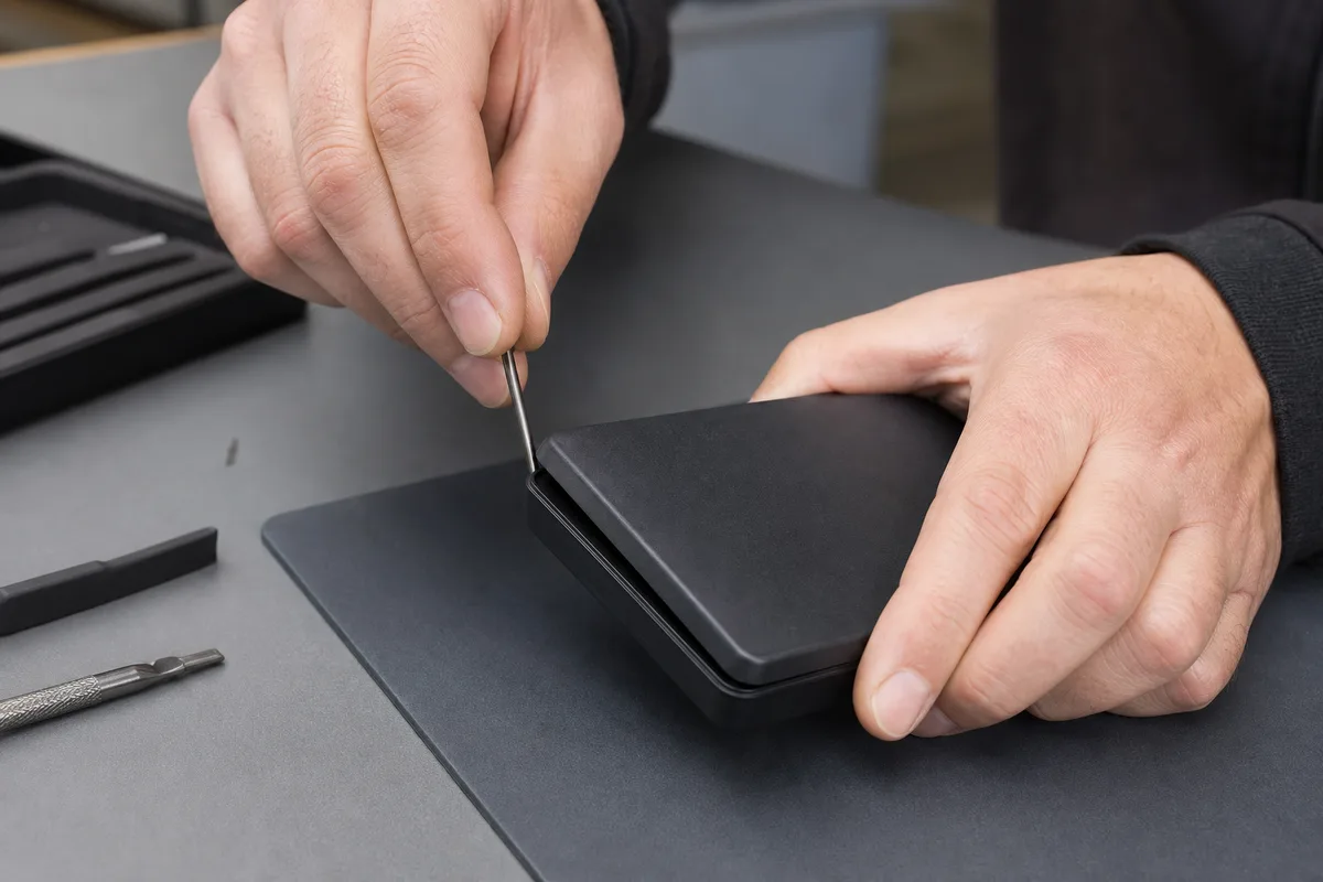 Mains d&rsquo;un technicien ouvrant un boîtier de disque externe sur un établi