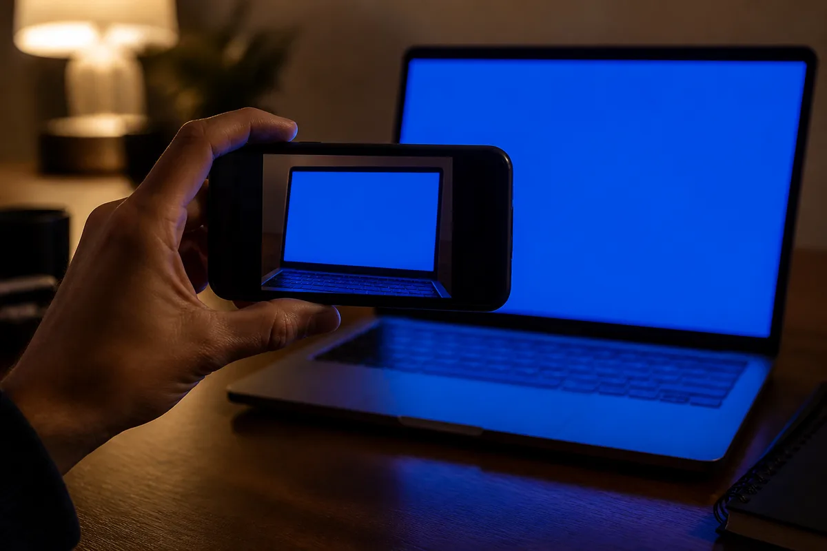 Écran d’ordinateur portable affichant un message d’erreur système sur fond bleu dans un bureau faiblement éclairé