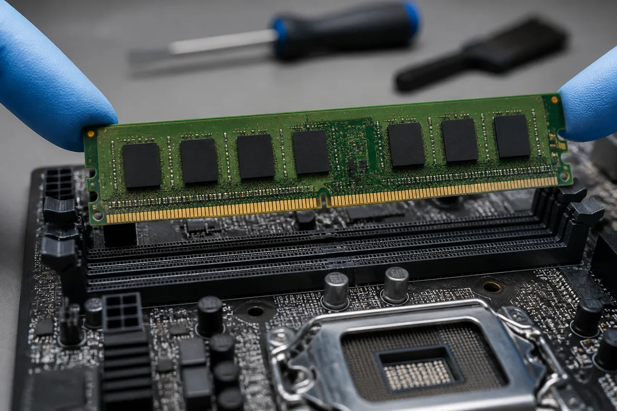 Barrette de mémoire vive tenue par une main gantée au-dessus d’une carte mère ouverte, éclairage d’atelier