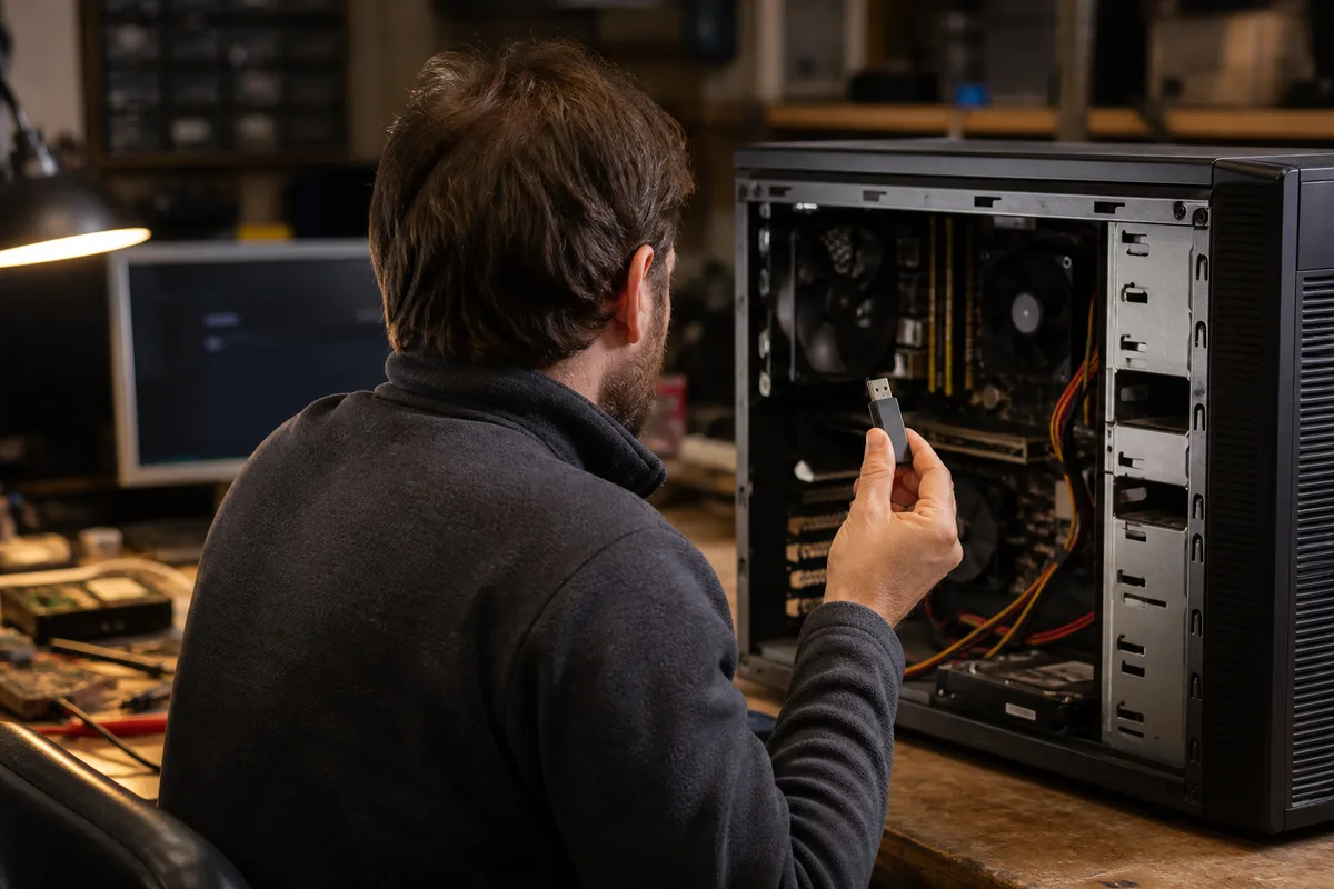 Technicien assis devant une tour d’ordinateur ouverte, clé USB à la main, écran affichant un menu de récupération système