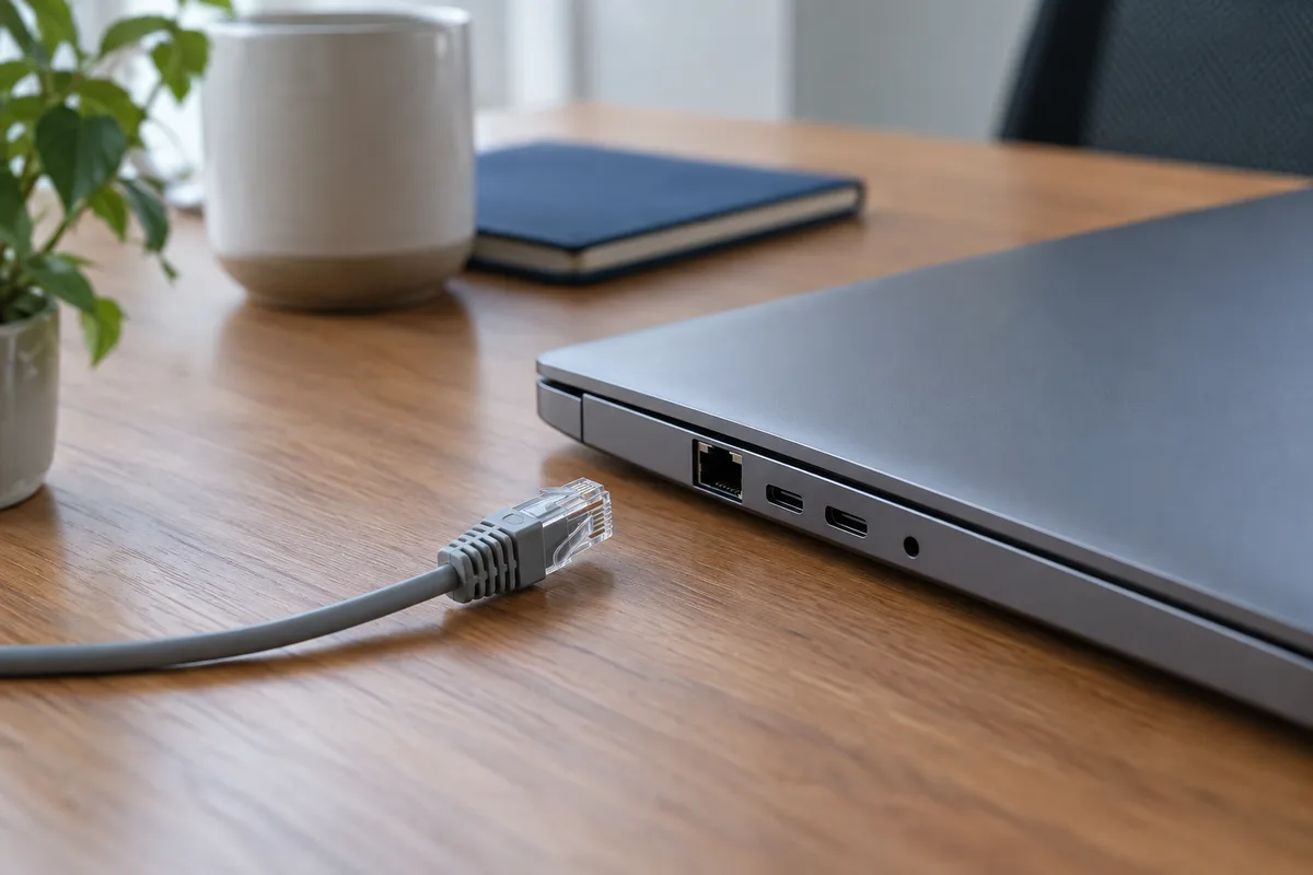 Ordinateur portable fermé débranché de son câble réseau posé sur un bureau de petite entreprise