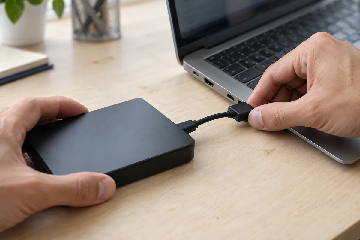 Mains d&rsquo;un technicien branchant un disque de sauvegarde externe sur un ordinateur portable ouvert