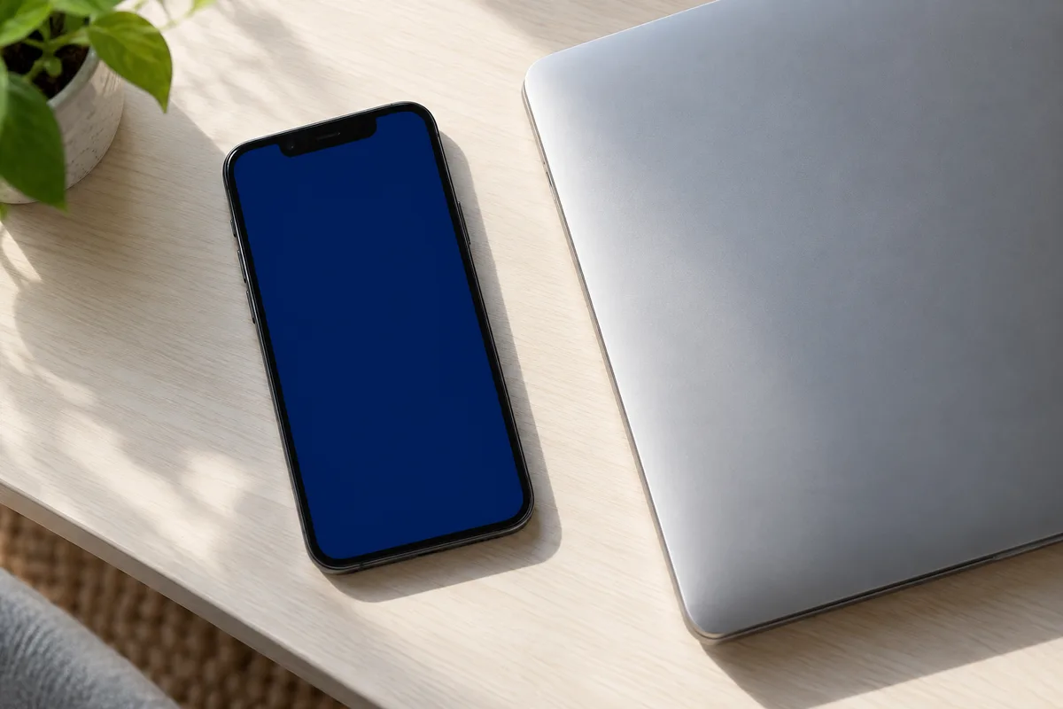 Smartphone affichant un écran de verrouillage uni posé à côté d&rsquo;un ordinateur portable fermé